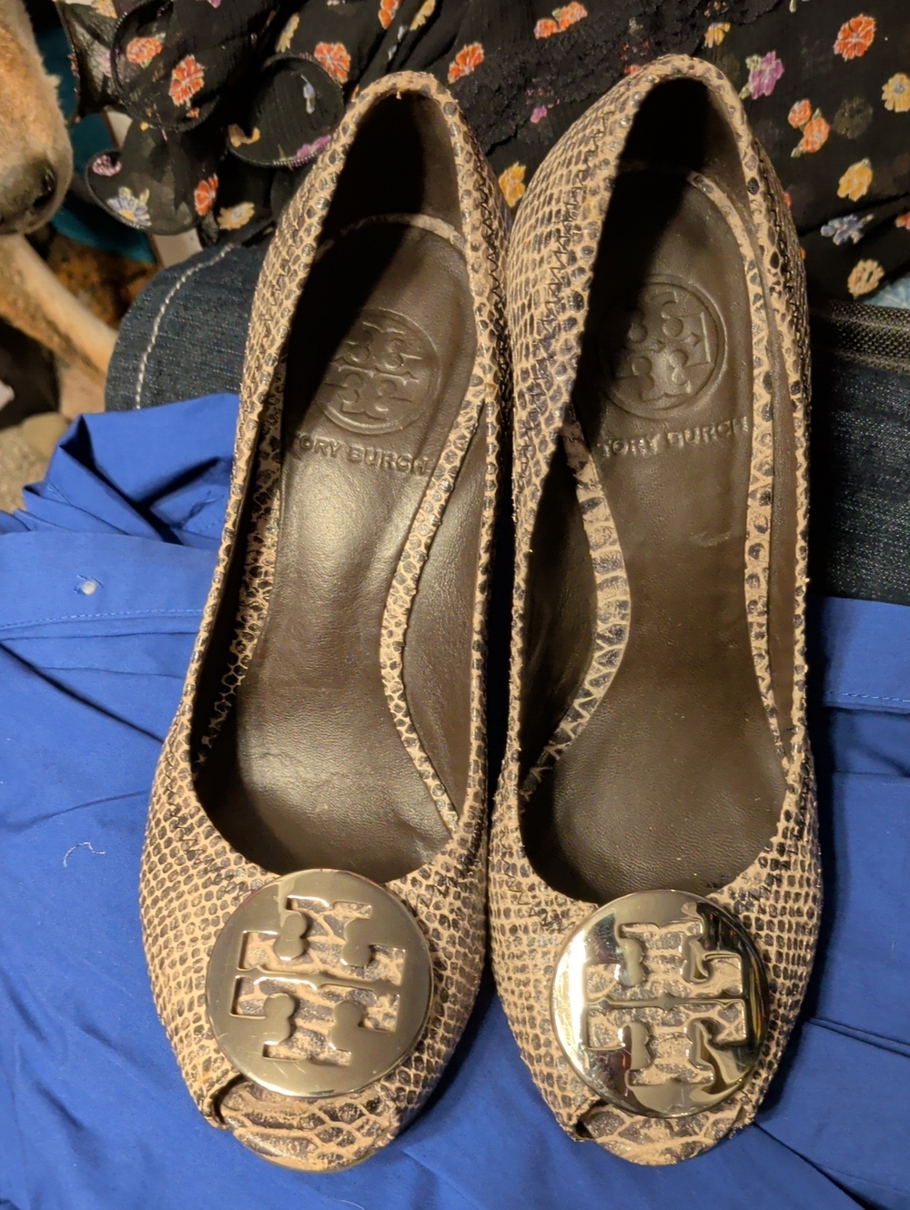 Tory Burch Taupe Snake-Print Wedge Peep-Toes with Gold Logo